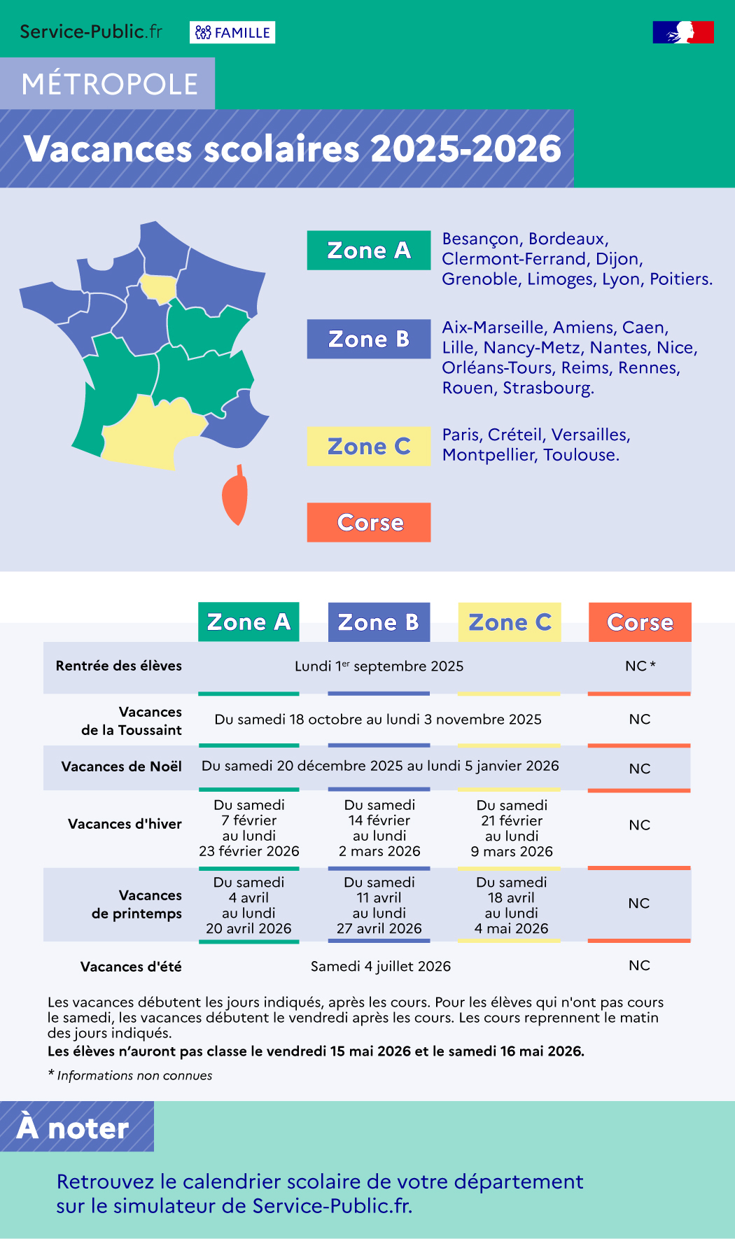 Vacances scolaires 2025-2026 : métropole